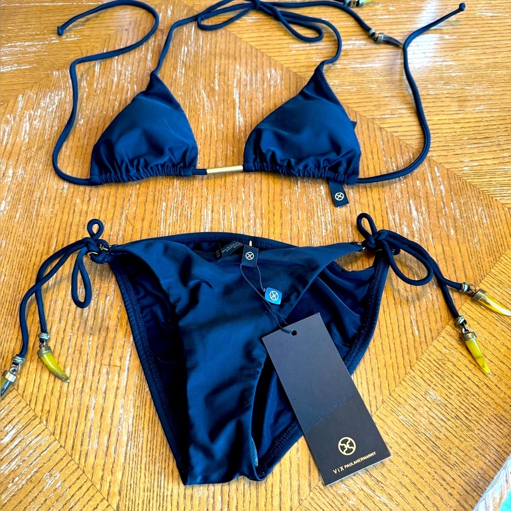 Vix bikini, black string, sexy; gold horn trim w/liner NWT, S. Rare find!